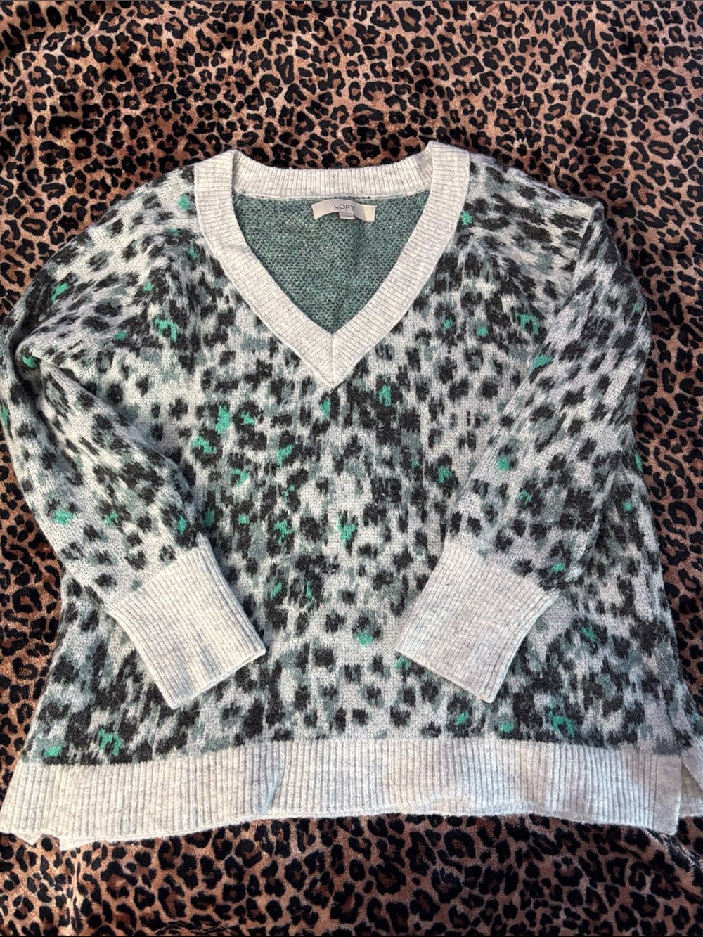 LOFT Gray V-Neck Sweater with Teal Leopard Spots